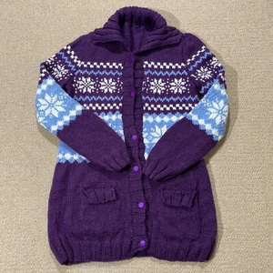 VINTAGE Hand Knitted Cardigan Womens Large 12 UK Longline Long Icelandic Knit - Picture 1 of 10