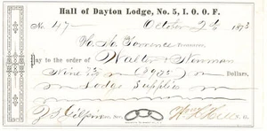 1873  BANK CHECK HALL OF DAYTON ODD FELLOWS LODGE NO. 5, I. O. O. F. - $9.75 - Picture 1 of 1