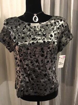* 全新 Miss Dorby 女式 Misses 尺寸 12 银色黑色短袖丝质衬衫上衣 — 第 1/4 张图片
