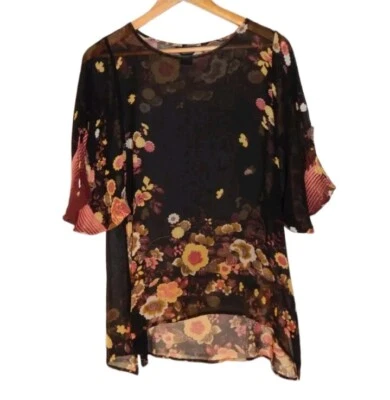 Citron Size Xs Sheer 100% Silk Chiffon Floral Print Kimono Sleeve Tunic Blouse - image 1 of 4