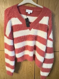 Warehouse Women’s Striped V Neck Fluffy Jumper Rose & Cream Large Long Sleeves - Picture 1 of 9