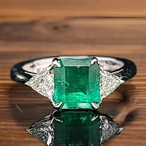 Vintage 14k White Gold Engagement Ring 1.70CT.Natural Green Emerald Square Cut - Picture 1 of 12