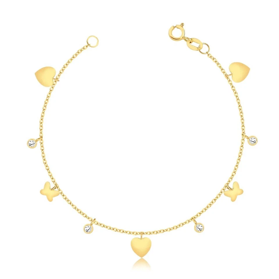 Pulsera Oro Amarillo Sólido 18k Corazón Circón Bola Mariposa Mujer Foto 1 de 4