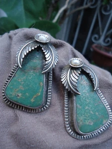 Vintage Earrings Navajo Native Indian Solid Silver Ornate Feather Huge Turquoise - Picture 1 of 13