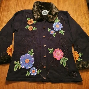 Vtg Storybook Knits Sweater Size M Black Floral Cardigan Button Front Faux Fur - Picture 1 of 14