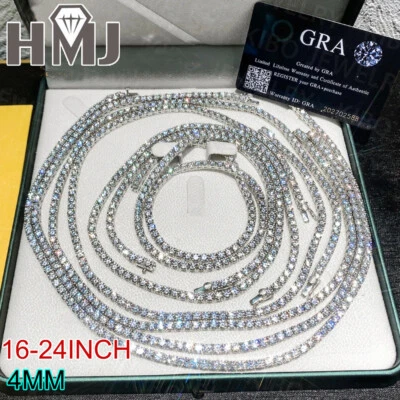 Collar cadena helada tenis plata esterlina 925 moissanita de 4 mm EE. UU. Pasa probador Foto 1 de 4