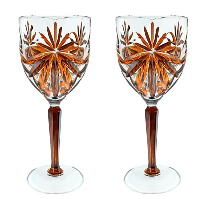Pair of Orange Brown Murano Wine Glasses Hand Painted Dark Stem Venice 20cm - Image 1 of 4
