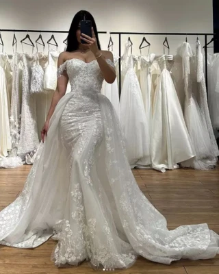 Vestidos de noiva boho sereia com apliques de renda trem destacável vestidos de noiva - Imagem 1 de 4