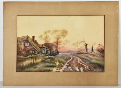 Pintura antigua acuarela de 16" H. I. Phillips Atlanta Southern Sunset Barn Foto 1 de 4