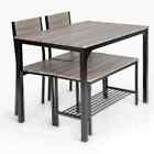 Honey Joy Dining Table Set Kitchen Table W/ Bench Chairs Wood Top Gray