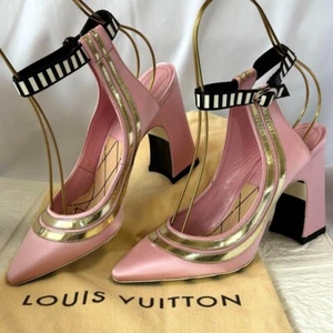 Louis Vuitton Satin pumps Sandals ankle strap chunky heels Size 37 US 6.5 - Picture 1 of 16