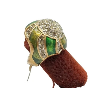 Vtg Ring Sz 9 Green Enamel Dome Cocktail Rhinestones Jewelry 18K GE Gold Plated - Picture 1 of 11