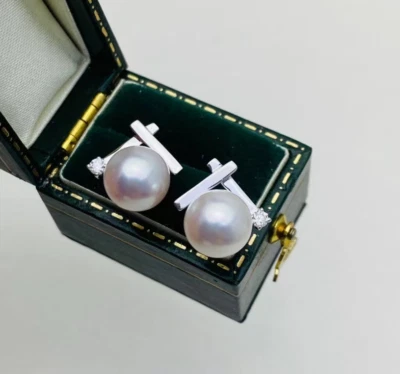 Natural AAAA+ 11-12mm beautiful south sea white yellow pearl earrings 18k gold-x - Image 1 of 3
