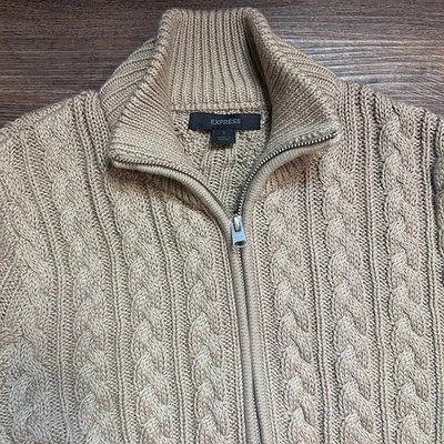 Express Men's Cable Knit Zip Up Sweater Tan Size S 100% Cotton - Image 1 of 4