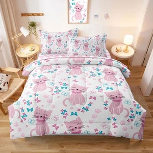 Kids Cat Bedding Twin Size Bed in a Bag, Cute Pink Animal Comforter Set for T... - Picture 1 of 7