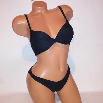 Bikini de Natación Victoria Secret 32C Top XS Parte Inferior Negro Sólido Push Up Texturizado Nuevo Foto 1 de 4