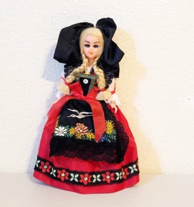 Vintage French Folk Black Red Bird Dress Bow Plastic Unmarked Doll 8.5" - Picture 1 of 6