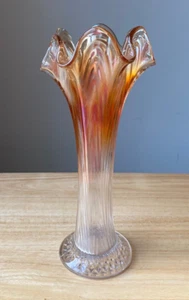 Vintage FENTON ART GLASS 10.5" Marigold to Clear Ribbed Swung Vase - VGUC - Picture 1 of 7