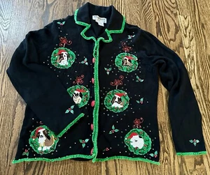 Vintage 90s Jack B Quick Womens Sz Medium Christmas Dog Beaded Cardigan Sweater - Picture 1 of 10