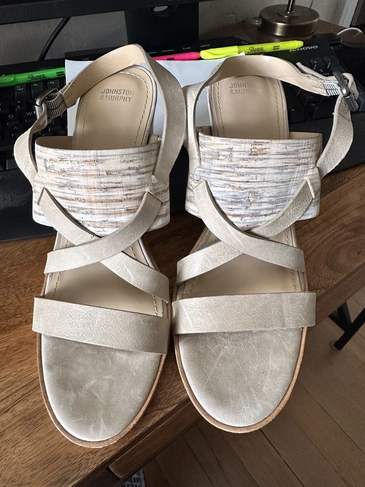 Pre-Owned Johnston & Murphy Kayla Multi Bleached Cork/Taupe Leather Heel Shoe 10 - Image 1 of 4