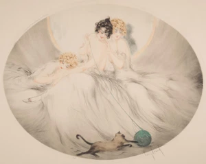 Impresión o lienzo - Louis Icart - 3 niñas jugando con gato y bola de hilo - Imagen 1 de 1