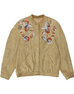 MONTE CARLO Womens Suede Jacket IT 46 Large Khaki Floral Leather CN10 - Picture 1 of 4