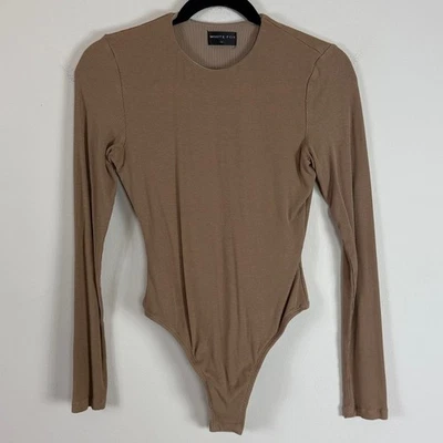 White Fox Ribbed High Neck Long Sleeve Bodysuit in Tan Size Medium - Image 1 of 4