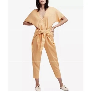 Free People Shining Sun Linen Jumpsuit Tie Front Orange Melon Sz S Beach Travel - Picture 1 of 10