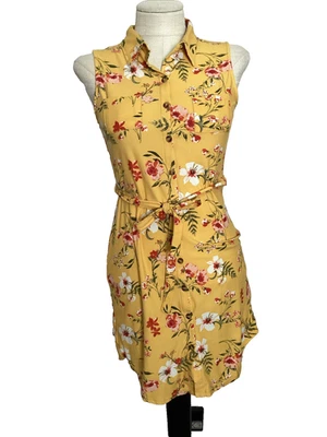 NO BOUNDARIES Yellow-Gold Floral Sleeveless Stretch Knit Shirt Dress SZ. XS - Image 1 of 4