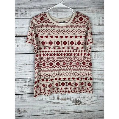 Monki Holiday Dark Red Print Cream Short Sleeve Top Small NEW Modal Casual Soft — 第 1/4 张图片
