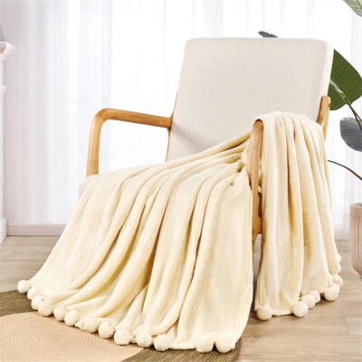 Boho Fleece Throw Blanket with Pompom Fringe – Lightweight, Warm & Cozy Decor - Image 1 of 4