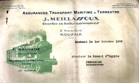PALESTINE JERUSALEM 1929 ILLUSTRATED LETTER TRANSPORT MARITIME ROUBAIX CO TO EGY Cover