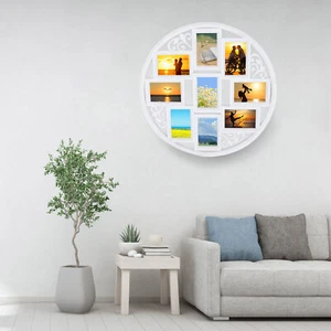 Round White Photo Frame Wall Hanging Picture Collage Frame with Leaf Decoration - Picture 1 of 16