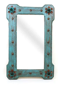 Turquoise Bloom Mirror-Wood-Mexican-25x36-Rustic-Flowers-Primitive-Beautiful - Picture 1 of 1