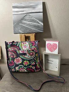 VERA BRADLEY Navy Multi Floral Faux Leather Logo Zip Hipster Crossbody PreOwned - Picture 1 of 16