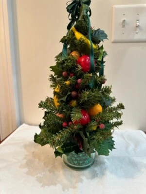 14" Christmas Tree Wmsburg Evergreen Fruit Holly in Glass Pot with Green Beads  - Image 1 of 3