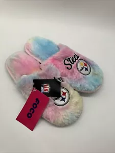 Pittsburgh Steelers Rainbow Script Wordmark Slippers Foco Youth L 5-6 - Picture 1 of 8