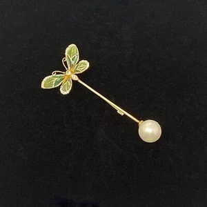 Green Enamel Butterfly Stick Pin Brooch with Faux Pearl           - Picture 1 of 10