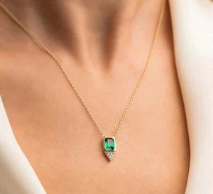 0.7ct Lab-Created Emerald Pendant with Chain Moissanite Petite 14k Gold Plated - Picture 1 of 5