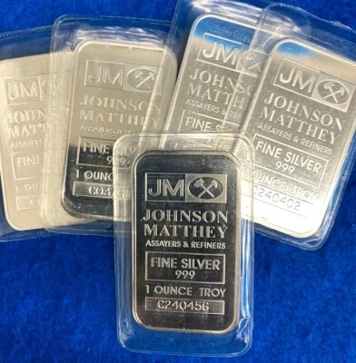 Lote CINCO 1 OZ. Barras Johnson Matthey JM de plata .999 Foto 1 de 2