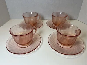 (4) Arcoroc France Rosaline Pink Swirl Depression Glass Cup & Saucer Sets - Picture 1 of 10