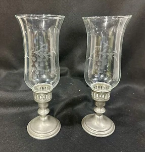 Empire Pewter Weighted Candlestick Holder with Etched Glass Hurricane Globes - Picture 1 of 6