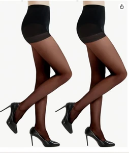 2 Pairs Women's Black Tights Large 20D Silky Control Top Pantyhose for Reinforce - Picture 1 of 8