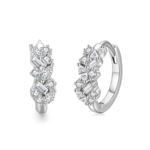 925 Solid Sterling Silver Shiny Cluster Zirconia Hoop Huggie Earrings Party Gift - Picture 1 of 5