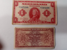 1943 Dutch 1 Gulden, Belgium 5 Francs banknotes, lot of 2 circulated 1262404