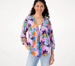 Denim & Co Printed Favorite Jersey Open Cardigan Smocking Size XS Orchid A602899 - Picture 1 of 6