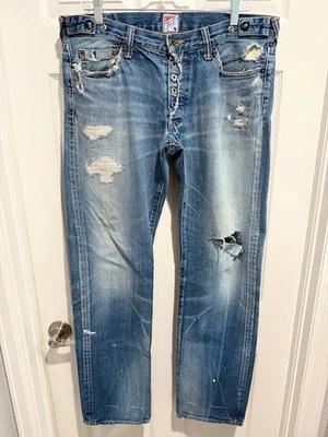 RARE! $879 PRPS JAPAN P47P06X BARRACUDA "WASTED VINTAGE" JEANS 33 W35X33.5L EUC - Image 1 of 4