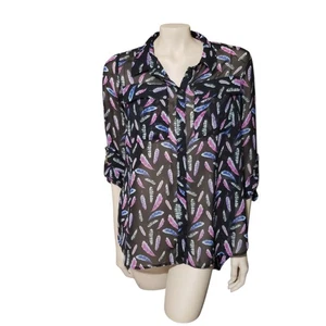 I Heart Ronson ❤ Schwarz Mehrfarbig Federn Transparent Bluse Top Größe Damen Medium - Bild 1 von 6