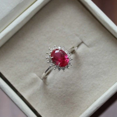 Engagement Lab Created Oval Cut Ruby Gemstone 925 Sterling Silver Ring - Image 1 of 4