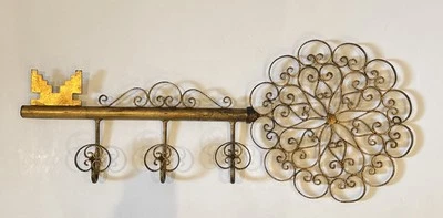 Vintage Wrought Iron Gilded Key Coat/Hat Holder Wall Mounted 30” x 12” - Image 1 of 4